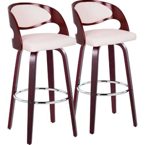 Pino 30" Swivel Bar Stool in Cherry Wood & White Leatherette w/ Chrome Footrest (Set of 2)